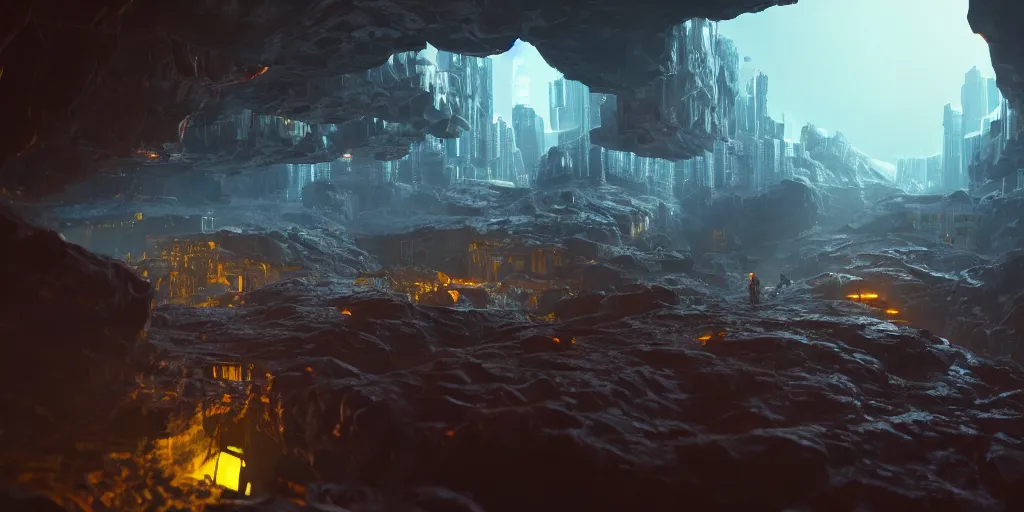 Prompt: mechanoids mining resources in a cyberpunk cave with minimal lighting in the style of thomas cole, cinematic lighting, raytracing, 8 k, octane render, volumetric, vivid, beautiful, hyperrealism