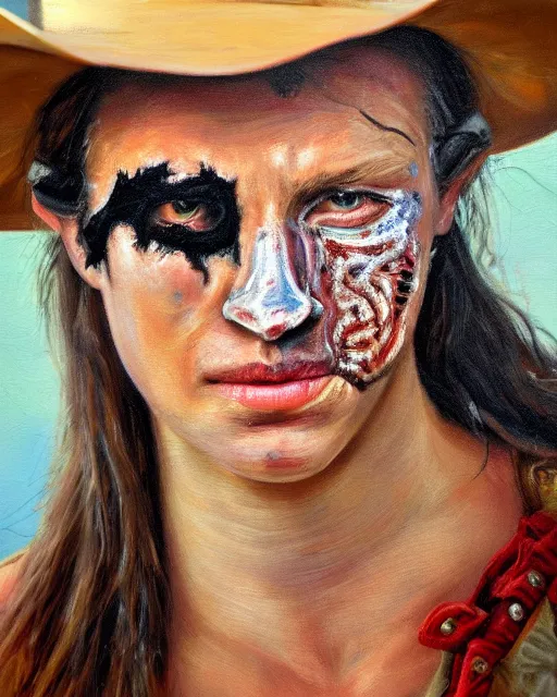 Prompt: oil painting portrait of cowgirl with half of her face burned and one blind eye, high production value, intricate details, high resolution, hdr, high definition, masterpiece, realistic, ultrarealistic, highly detailed, hd, sharp focus, non blurry, sharp, smooth