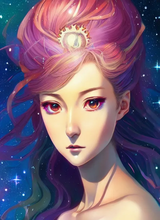 Image similar to a comic portrait of an cosmic goddess with starry hair, fine - face, realistic shaded perfect face, fine details, jewelry, night setting. very anime style. realistic shaded lighting poster by ilya kuvshinov katsuhiro, magali villeneuve, artgerm, jeremy lipkin and michael garmash, rob rey and kentaro miura style, trending on art station