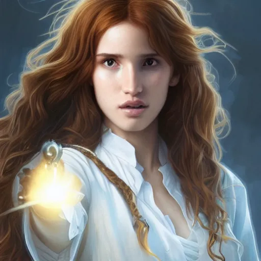 Image similar to ultra realistic illustration, bella thorne as hermione granger in harry potter, intricate, elegant, highly detailed, digital painting, artstation, concept art, smooth, sharp focus, illustration, art by artgerm and greg rutkowski and alphonse mucha