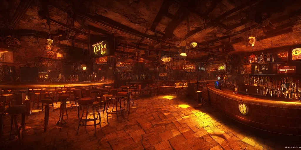 Image similar to underground bar, atmospheric lighting, high quality, sharp focus, intricate, digital art, artstation, 4k