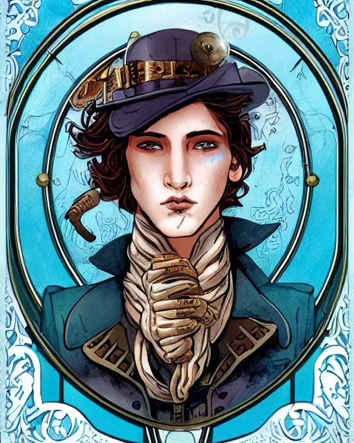 Image similar to a detailed portrait illustration of a steampunk wizard - gunslinger. beautiful androgynous teenage face. art nouveau, pop art, comic book style. influenced by neil gaiman, jules verne, dan mumford, brian froud, killian eng, ross tran.