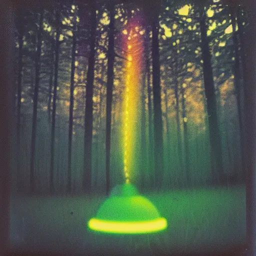 Image similar to a ufo with glowing lights flying over a forest at night, old polaroid, expired film,