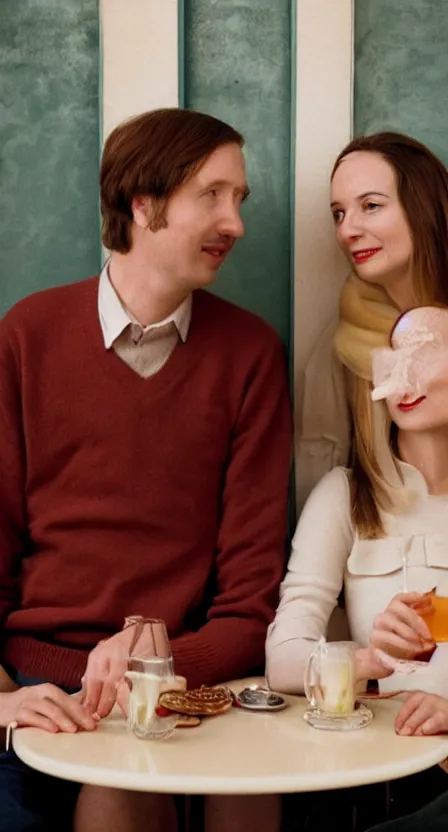 Image similar to creamy, delicious portrait of a couple on a date, by wes anderson