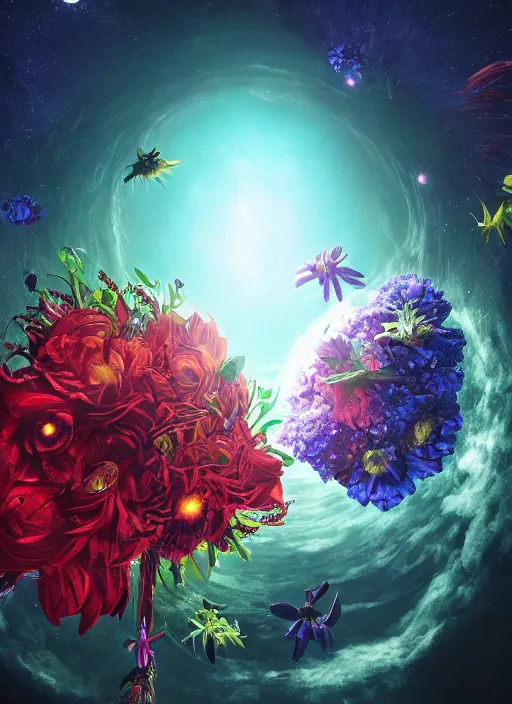 Image similar to An epic fantastic realism comic book style painting of the most beautiful entwined flowers launched across the dark galactic night sky, nebulous bouquets, fisheye lens, unreal 5, DAZ, hyperrealistic, octane render, dynamic lighting