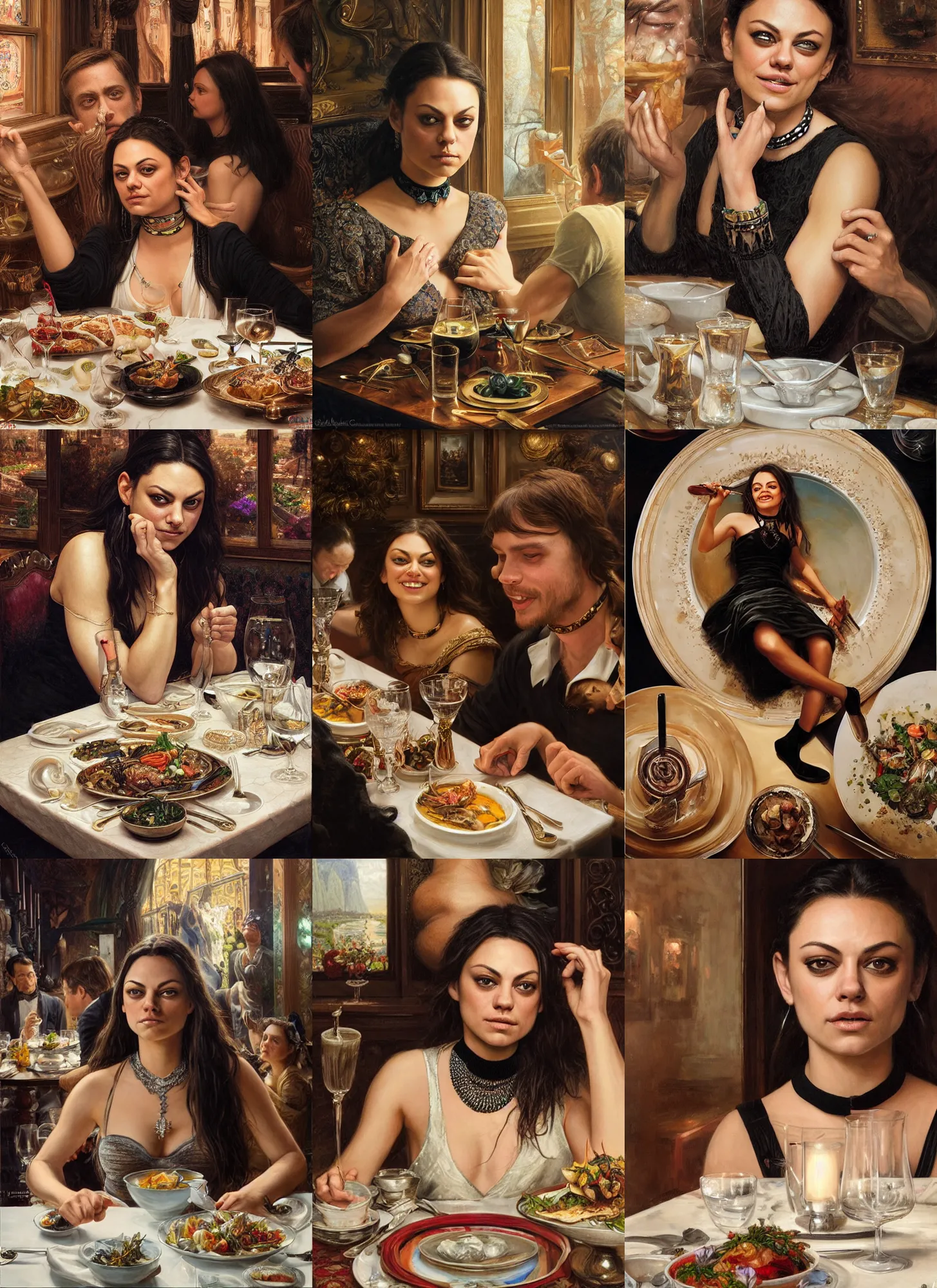 Image similar to dinner with mila kunis laughing sitting across the camera wearing a black choker staring into the camera in an expensive restaurant, point of view, intricate, elegant, tasteful, highly detailed, shallow depth of field, artgerm, donato giancola, joseph christian leyendecker