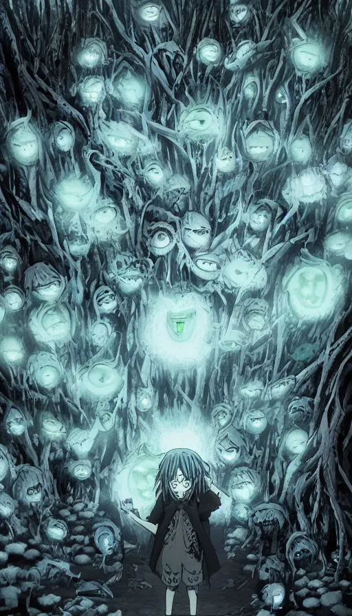 Image similar to a storm vortex made of many demonic eyes and teeth over a forest, by wit studio