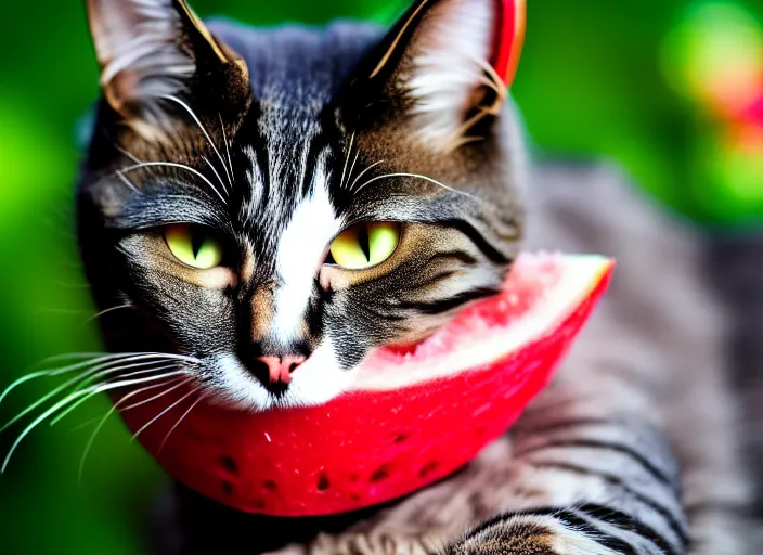 Image similar to photo of a cat wearing watermelon helmet. fantasy horror style. highly detailed 8 k. intricate. lifelike. soft light. nikon d 8 5 0 5 5 mm. dof. cinematic post - processing.