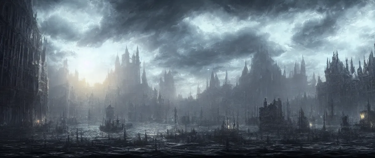 Prompt: large floating cities on top of huge floating islands, above sea, concept art, digital painting, in the style of Bloodborne, dark souls, demon souls, dark, night time, volumetric lighting, large scale, high detail, trending on art station, view from afar