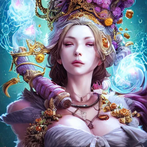 Image similar to the portrait of chaotic good female druid alchemist as absurdly beautiful, gorgeous, elegant, gravure idol, an ultrafine hyperdetailed illustration by kim jung gi, irakli nadar, intricate linework, sharp focus, bright colors, octopath traveler, final fantasy, unreal engine 5 highly rendered, global illumination, radiant light, detailed and intricate environment