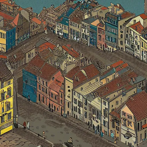 Prompt: isometric view illustration of a medieval Marseille street corner, highly detailed, mid day by Victo Ngai