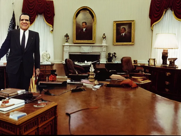 Image similar to photo of richard nixon t posing in the oval office, kodachrome, wide angle