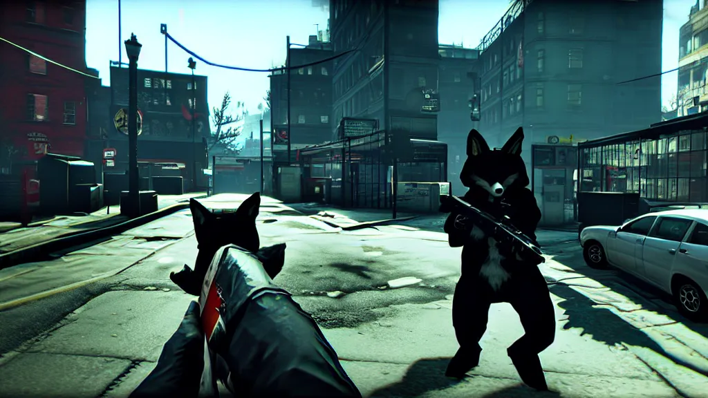 Prompt: Screenshot from the PC game Payday 2 demonstrating the fursuit unlock- Hoxton? More like Foxton.