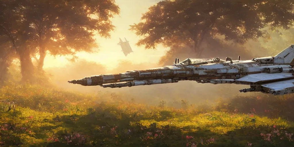 Prompt: an extraordinarily beautiful oil painting of an x - wing fighter in a landscape in spring during sunrise ; lush vegetation ; the most beautiful painting in the world ; by makoto shinkai and craig mullins