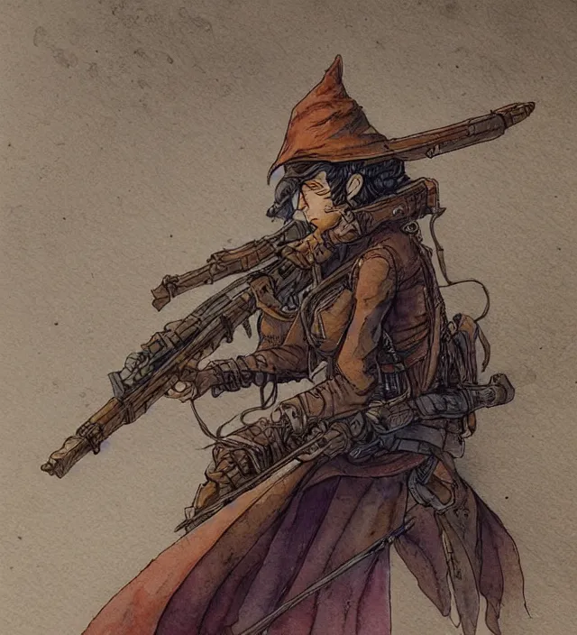 Image similar to a watercolor ink painting of an elven sniper in the style of jean giraud in the style of moebius trending on artstation deviantart pinterest detailed realistic hd 8 k high resolution