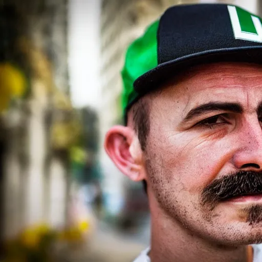 Prompt: a close - up photo of a man who looks like luigi from game, ultra hd, iphone, 3 0 mm, bokeh photo