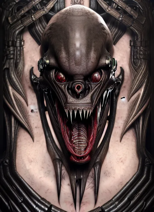 Image similar to ultra realistic, male human predator alien hybrid, fangs, goth, tattoos, leather, fantasy, flesh, bone, body horror, intricate details, eerie, highly detailed, octane render, 8 k, art by artgerm and alphonse mucha and greg rutkowski