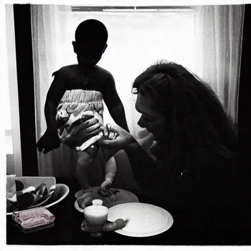 Image similar to “35mm photo of my mom feeding me in the kitchen when I was a baby. Its 1986. In the style of David lachappelle.”