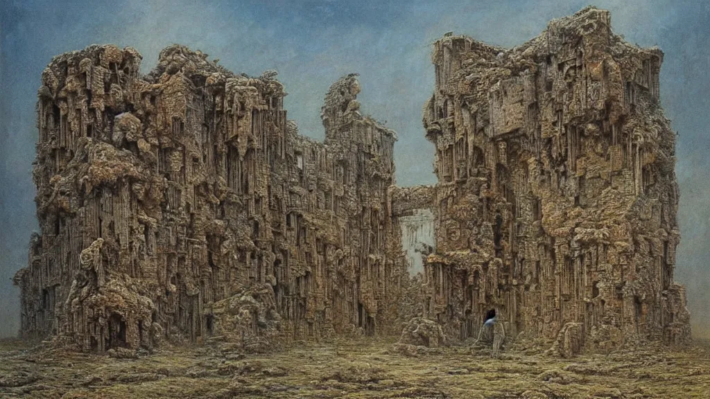 Image similar to ancient ruined relics symbolizing preponderance by beksinski and peter gric and bruce pennington