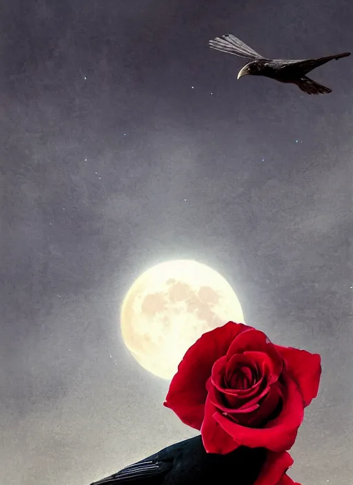 Prompt: portrait, A crow with red eyes in front of the full big moon, book cover, red roses, red white black colors, establishing shot, extremly high detail, foto realistic, cinematic lighting, by Albrecht Dürer, Ruan Jia, Kentaro Miura, Artgerm, post processed, concept art, artstation, raphael lacoste, alex ross