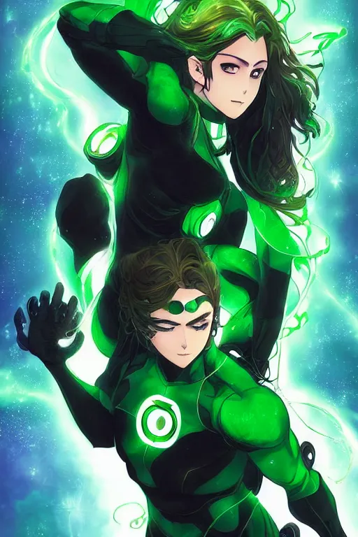 Image similar to anime key visual of a beautiful young female green lantern!! intricate, green and black suit, glowing, powers, dc comics, cinematic, stunning, highly detailed, digital painting, artstation, smooth, hard focus, illustration, art by artgerm and greg rutkowski and alphonse mucha