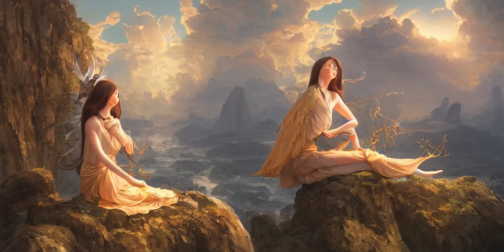 Prompt: breathtaking detailed concept art painting of the goddess of the universe, orthodox saint, sitting on a rock, sun in left loon on right golden details, by Hsiao-Ron Cheng, James jean, Miho Hirano, Hayao Miyazaki, extremely moody lighting, 8K