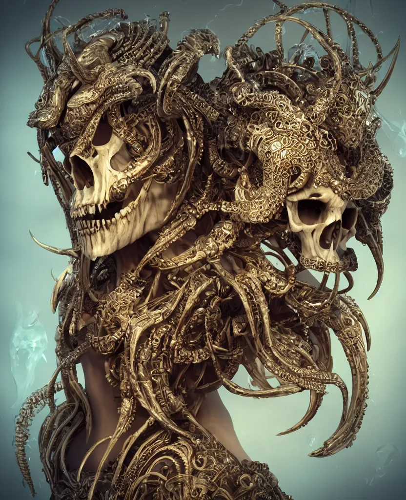 Image similar to close-up macro portrait of the face of a beautiful princess with ram animal skull mask, epic angle and pose, ribcage skeleton symmetrical artwork, 3d with depth of field, blurred background, cybernetic jellyfish female face phoenix bird, translucent, nautilus, energy flows of water and fire. a highly detailed epic cinematic concept art CG render. made in Maya, Blender and Photoshop, octane render, excellent composition, cinematic dystopian brutalist atmosphere, dynamic dramatic cinematic lighting, aesthetic, very inspirational, arthouse. y Greg Rutkowski, Ilya Kuvshinov, WLOP, Stanley Artgerm Lau, Ruan Jia and Fenghua Zhong