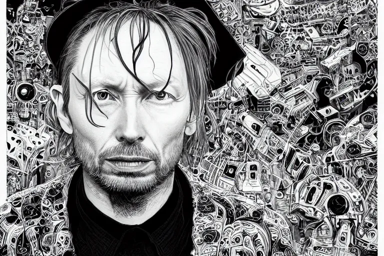 Prompt: A portrait of Thom Yorke as a cyberpunk wearing a bowler hat, iridescent highlights, background by Joe Fenton, highly detailed, intricate, soft, sci-fi, sharp focus, glowing lines, art by artgerm