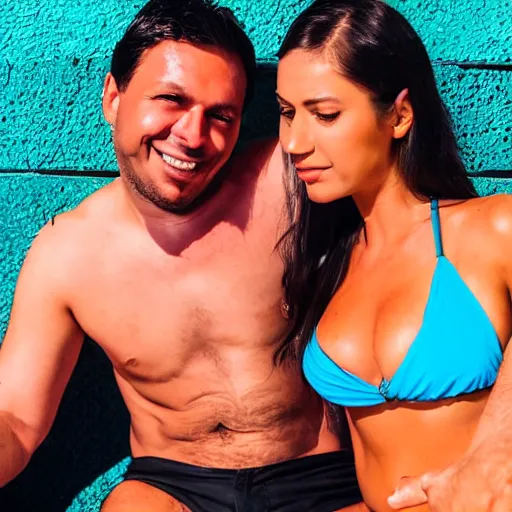 Prompt: photo of a 4 0 year old man that looks young for his age dating a very attractive 2 2 year old colombian woman wearing a bikini. they are at a night club