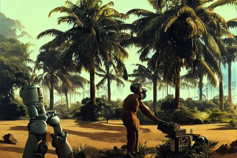 Image similar to natural american landscape | robot repairing another robot | palm trees, painting by syd mead and weta studio and james jean, frank frazetta, highly detailed, rule of third, soft lighting, 8 k resolution, oil on canvas, architectural magazine, beautiful detailed, insanely intricate details, artstation trending, hypermaximalistic, high details, cinematic