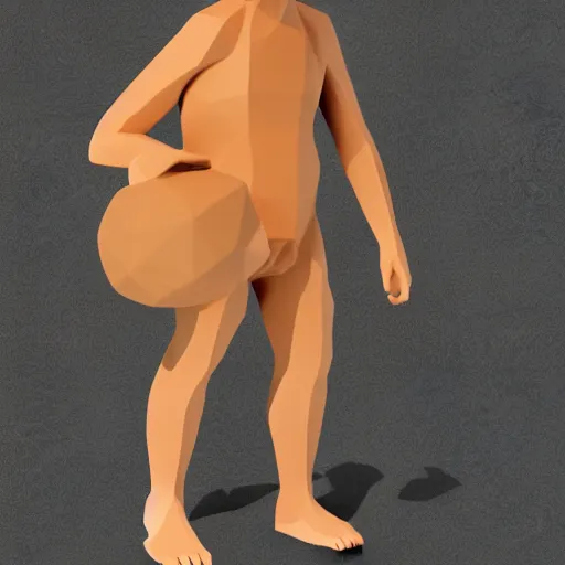 Prompt: primate low polygon render of a man at the beach with a massive yam