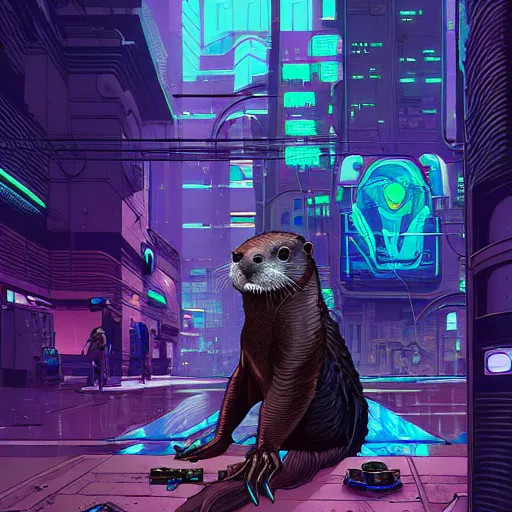 Image similar to A cyberpunk otter cyborg on the street of a cyberpunk city art by Josan Gonzalez, sci-fi, highly detailed, digital painting, artstation, smooth, sharp focus, illustration, concept art by Josan Gonzalez and James Gurney and Mœbius