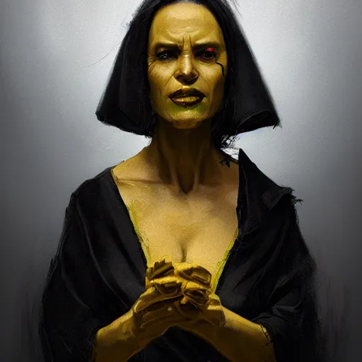 Image similar to portrait of a woman by greg rutkowski, a woman with yellow skin, black lips wearing black robes and a hodd, evil energy, star wars expanded universe, she is about 6 0 years old, highly detailed portrait, digital painting, artstation, concept art, smooth, sharp foccus ilustration, artstation hq