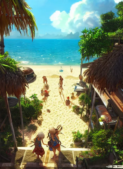 Image similar to Fantasy tropical port town first-person view of the beach. hidari, color page, tankoban, 4K, tone mapping, Akihiko Yoshida.