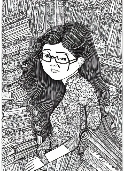 Prompt: clean line art of a woman with light brown hair and glasses sitting on top of a tall pile of books. well composed, clean coloring book page, beautiful detailed face. coloring book line art by johanna basford