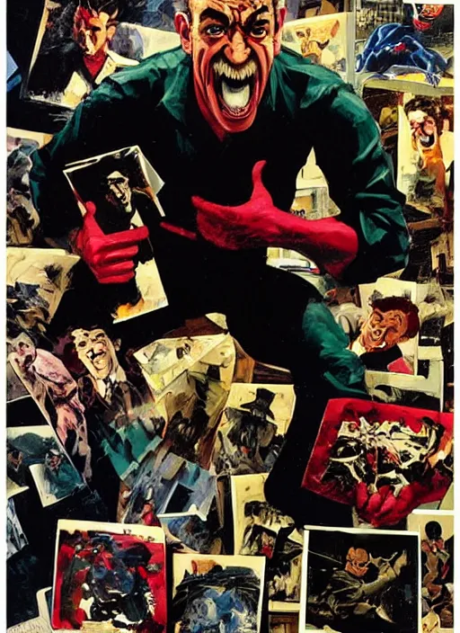 Image similar to j jonah jameson holding pictures of spider - man, angry, screaming, pictures flying, painting by phil hale, fransico goya,'action lines '!!!, graphic style, visible brushstrokes, motion blur, blurry, visible paint texture, crisp hd image