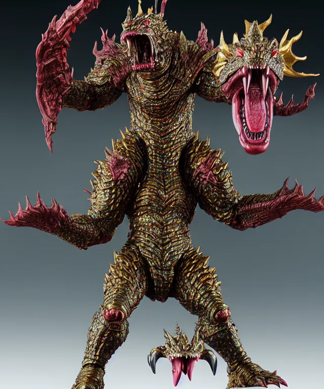 Image similar to hyperrealistic rendering, epic boss fight, ornate king emporer jewel crown war armor battle, kaiju beast god, by art of skinner and richard corben, product photography, collectible action figure, sofubi