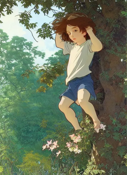 Prompt: young boy with long hair wearing shorts and a t - shirt, climbing a tree, path traced, highly detailed, high quality, digital painting, by studio ghibli and alphonse mucha, leesha hannigan, hidari, art nouveau, chiho aoshima, jules bastien - lepage