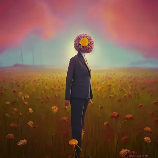 Image similar to giant daisy flower head, frontal, girl in a suit, surreal photography, sunrise, dramatic light, impressionist painting, digital painting, artstation, simon stalenhag