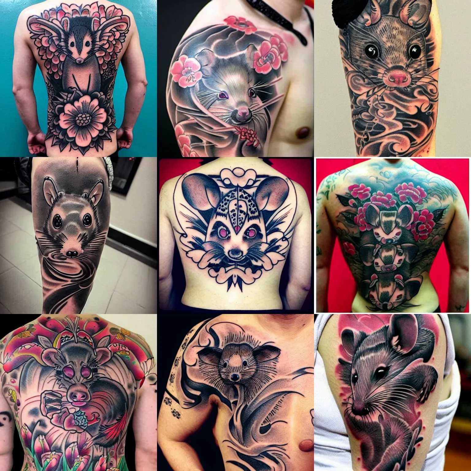 Prompt: elaborate full - back irezumi tattoo of an opossum, tattoo parlor photo, realistic and coherent