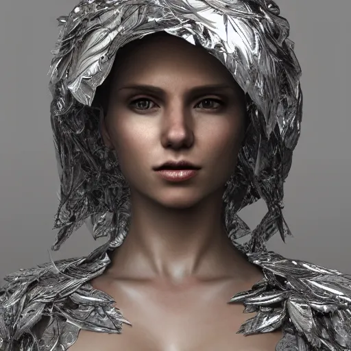 Prompt: a highly detailed digital image of a futuristic woman elegantly wrapped with silver leaves, by Andrea Chiampo, artstation and Frederik Heyman, extremely detailed woman, stunning volumetric lighting, hyper realism, fantasy 4k