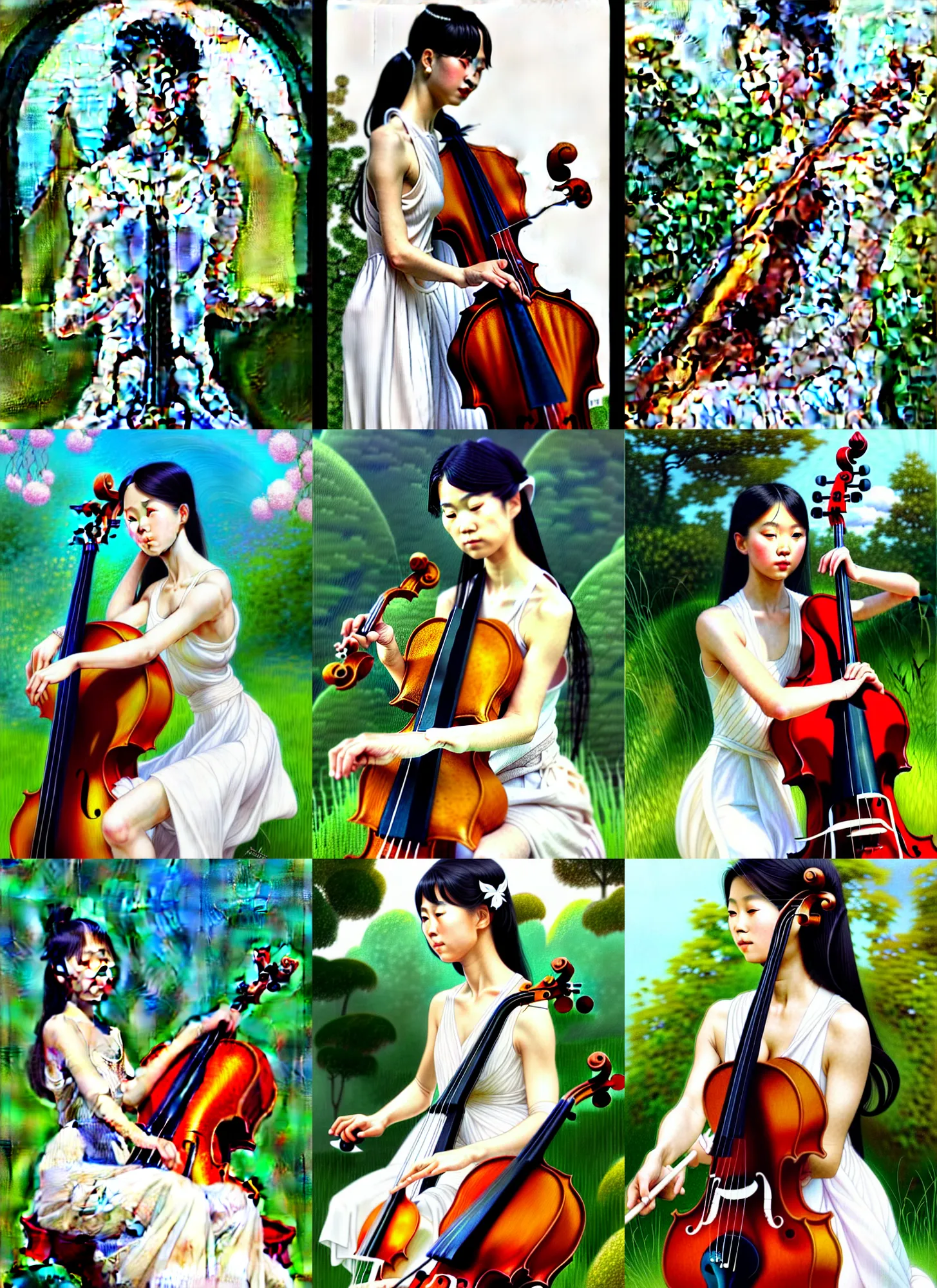 Prompt: character concept portrait of me as a young asian girl in a white slip dress playing a cello in the sun, in garden, intricate, elegant, highly detailed, digital painting, artstation, concept art, symmetry, smooth, sharp focus, illustration, art by artgerm and rutkowski and mucha