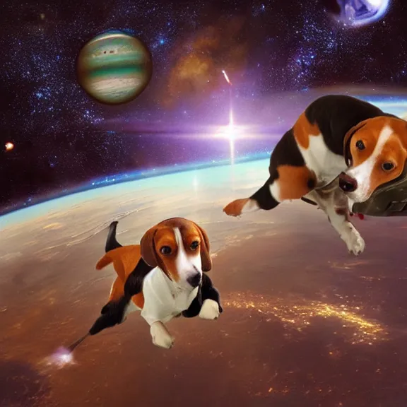 Prompt: beagles playing in space, science fiction matte painting, highly detailed,