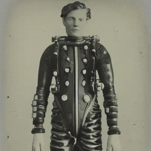 Image similar to tintype photo, antique diving suit