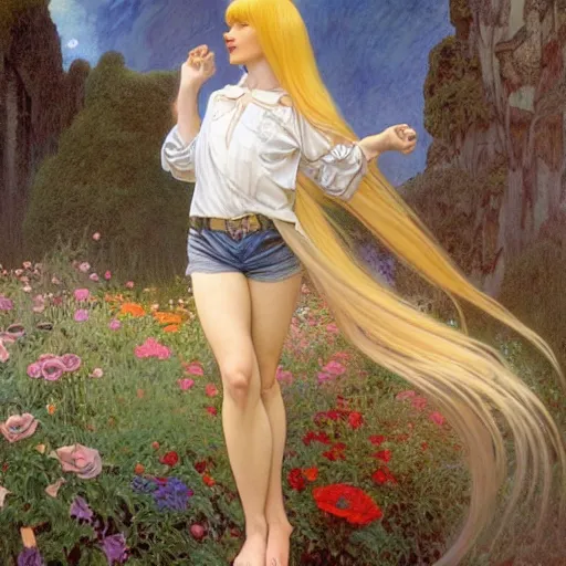 Image similar to A young woman with blonde long hair and bangs in shorts and white shirt drawn by Donato Giancola and Michael Parkes, frank frazetta, alphonse mucha, background by James Jean and gustav klimt, 4k, volumetric lighting, french nouveau, trending on artstation, octane render, hyperrealistic