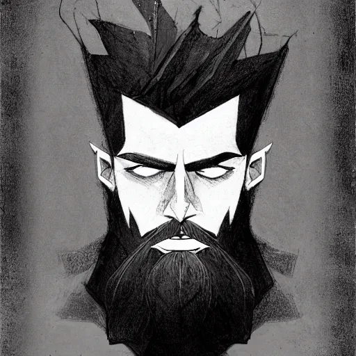 Image similar to very high angle view, very attractive man with beard, body full, strong masculine features, 3/4 front view, slim, command presence, royalty, weathered face, smooth, sharp focus, organic, appealing, book cover, deep shadows, by Dave McKean sketch lineart for character design