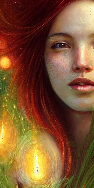 Prompt: infp young woman, smiling amazed, golden fireflies lights, sitting in the midst of nature fully covered, long loose red hair, intricate linework, green eyes, small nose with freckles, oval shape face, realistic, expressive emotions, dramatic lights mystical scene, hyper realistic ultrafine art by michael cheval, jessica rossier, boris vallejo, artgerm