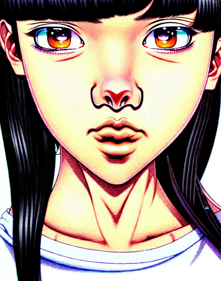 Image similar to extremely detailed color ink pen  illustration depicting an extreme close up face of a dainty young truant female stoner prep highschool school student with medium length silky straight iridescent black hair and lightly suntanned skin, illustrated by Artgerm and Range Murata.