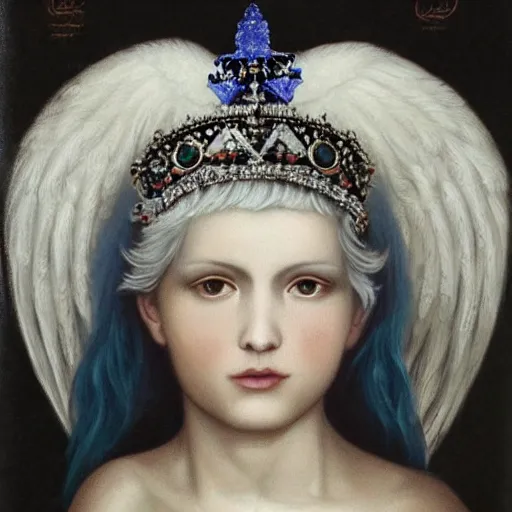 Prompt: portrait of a white haired angel with a blue stone crown, perfect face