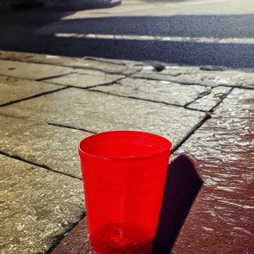 Prompt: a single crushed red plastic cup on wet sidewalk as a classical painting, oil painting, epic lighting, dramatic composition